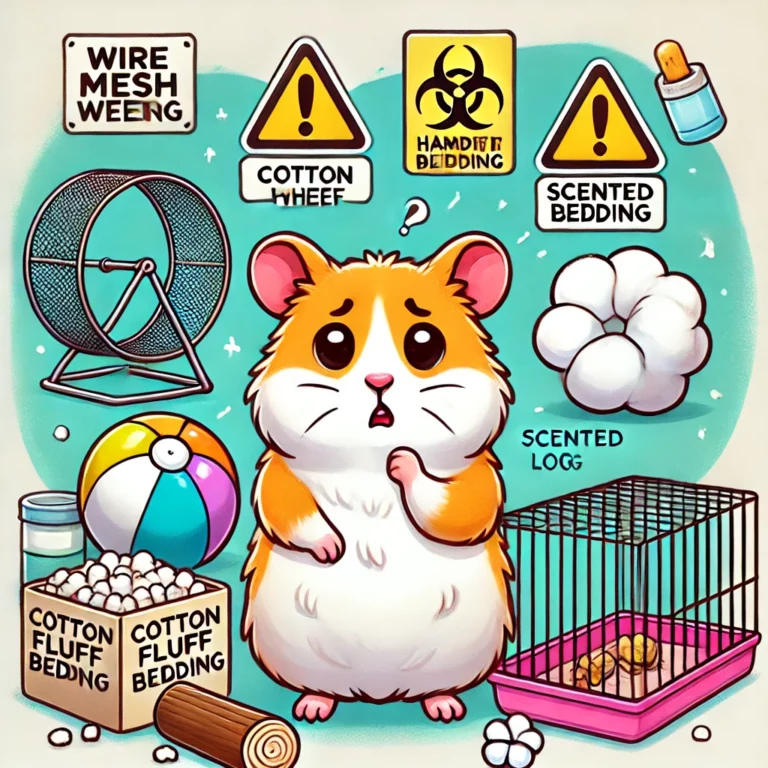 DALL·E 2024-11-02 15.55.56 - A fun, cartoon-style illustration of a hamster looking confused and cautious around unsafe products, without any text or labels