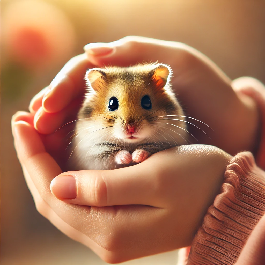 DALL·E 2024-11-09 21.56.15 - A close-up image of a cute dwarf hamster being gently held in someone's hands